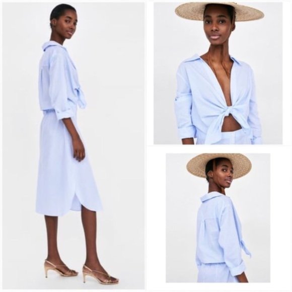 Zara Poplin Dress Tie Front Striped Blogger Fav M - Picture 7 of 13